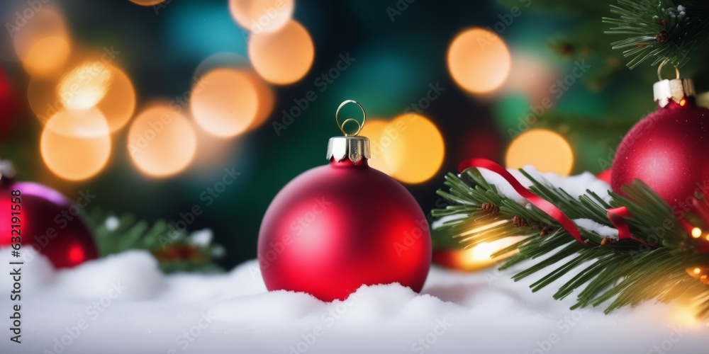 Christmas Tree with Decorations. festive winter season background. template for design. banner, copy space