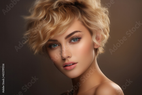 Short-haired beauty: blonde model with curls, smiling. Fashion, cosmetics, makeup
