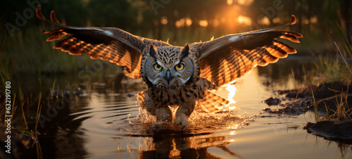 An owl taking a low flight over a lake at sunset.  photo