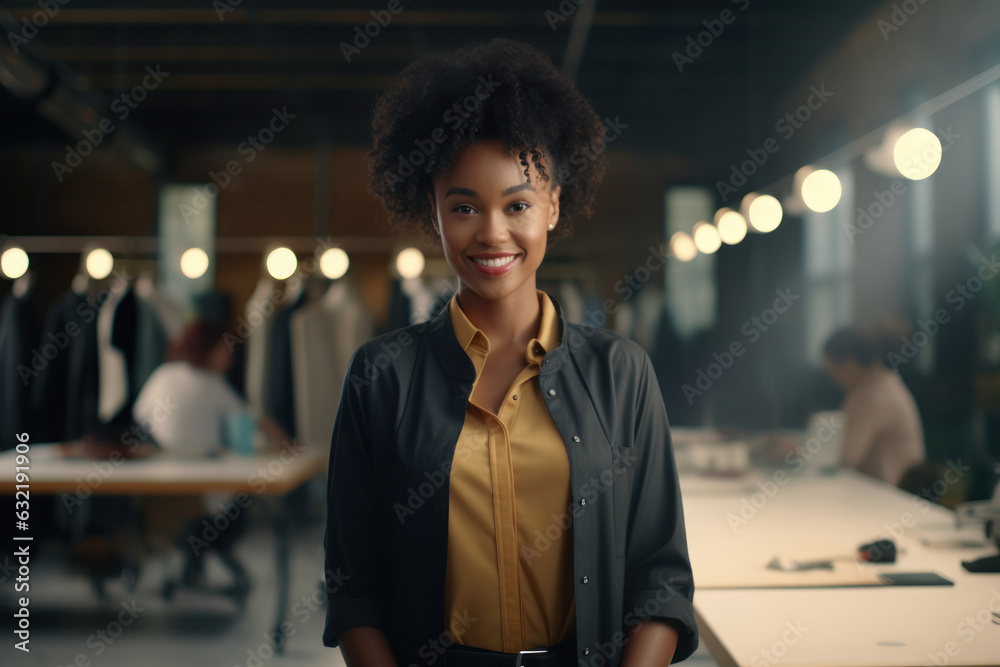 Smiling black female tailor in office, designing modern clothes. Fashion industry focus Smiling black female tailor in office, designing modern clothes. Fashion industry focus