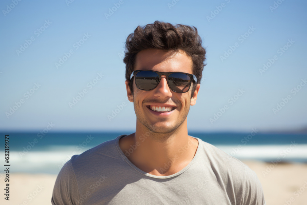 Young man in sunglasses, joyful on beach. Casual summer vibe, big grin Young man in sunglasses, joyful on beach. Casual summer vibe, big grin