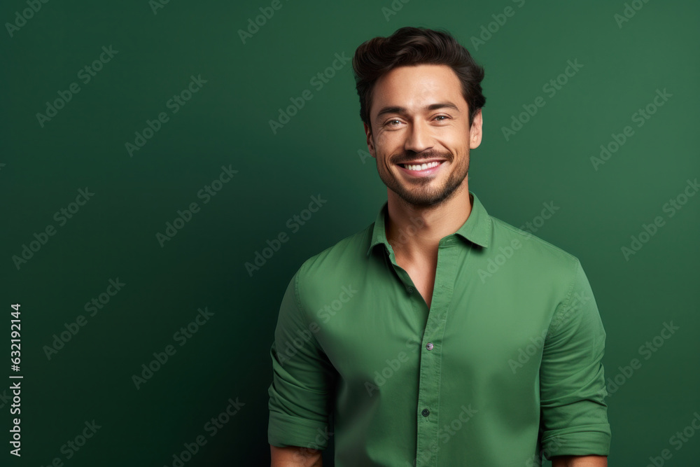Young smiling man in casual clothes poses on green wall background. Studio portrait showcasing sincere emotions and lifestyle. Mock-up copy space. Young smiling man in casual clothes poses on green wall background. Studio portrait showcasing sincere emotions and lifestyle. Mock-up copy space.