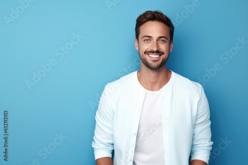 Young, smiling man in casual clothes on blue wall background. Studio portrait, sincere emotions concept