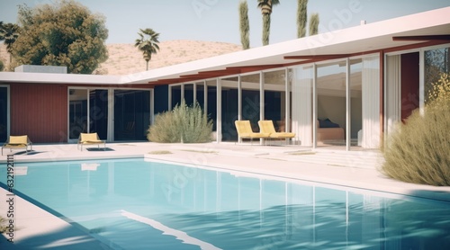 american mid-century modern house with swimming pool, Generative AI © James