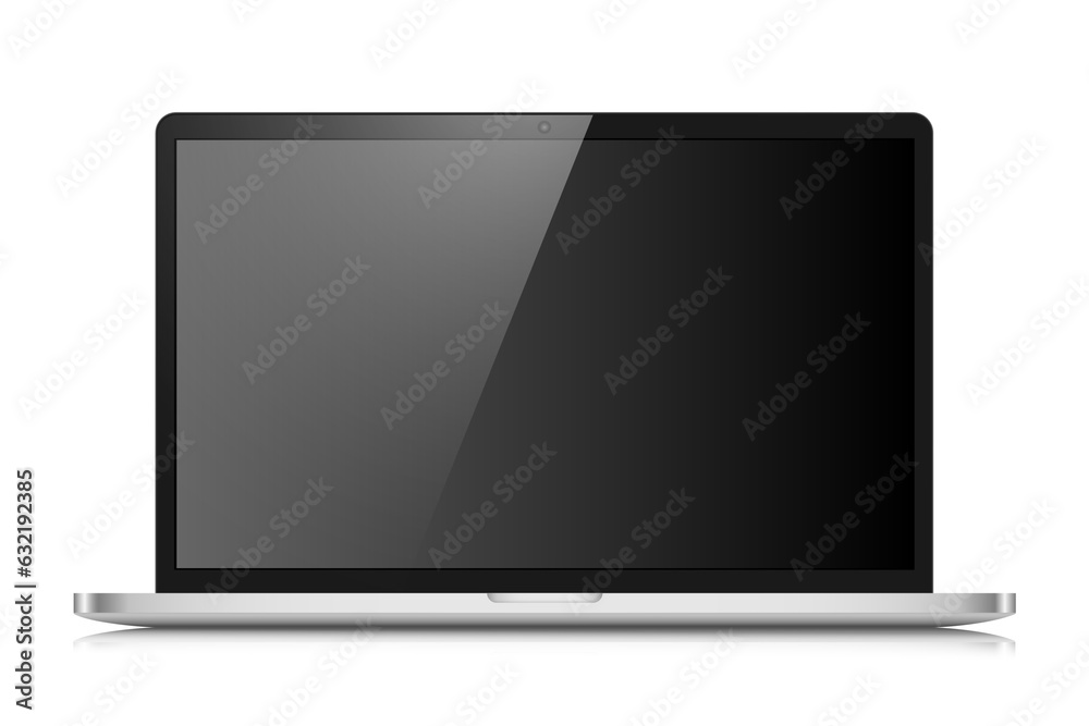 A laptop with an empty black screen with a glare on a white background. Realistic laptop layout with a light silver case. Vector illustration. A laptop with an empty black screen with a glare on a white background. Realistic laptop layout with a light silver case. Vector illustration.