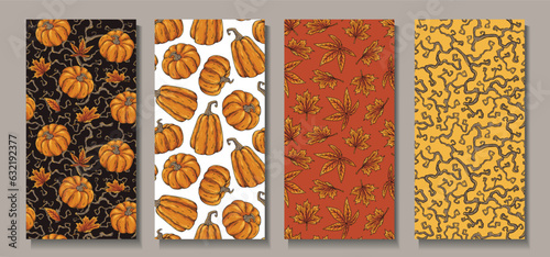 Halloween set of seamless patterns with pumpkins and autumn leaves for halloween design. Wallpapers or backgrounds with branches and blackthorn for october party banner, poster or postcard