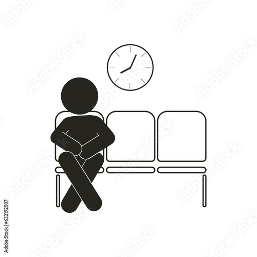 Isolated illustration of black pictogram waiting room with illustration man sitting on bench chairs with time showing clock on the wall