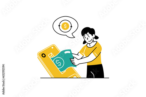 Woman saving money in digital wallet. Finance Management Illustration