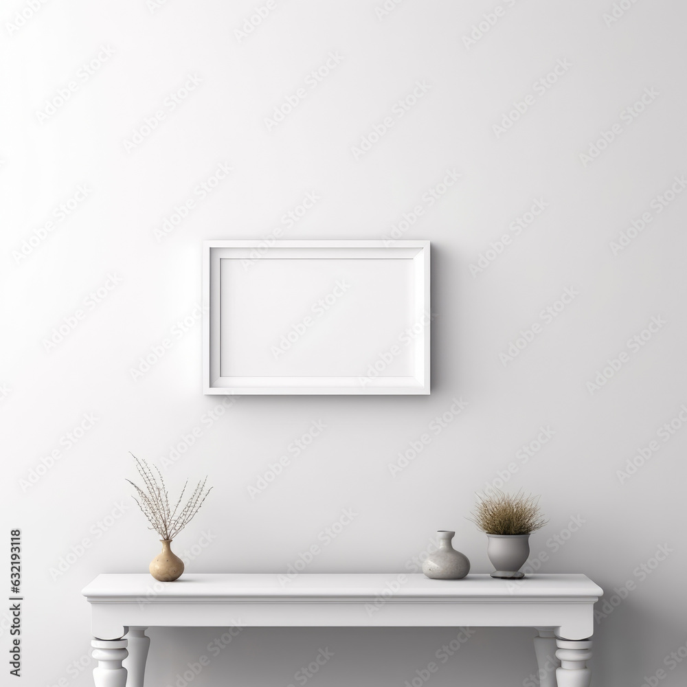 White empty frame on white wall with white table console White empty frame on white wall with white table console