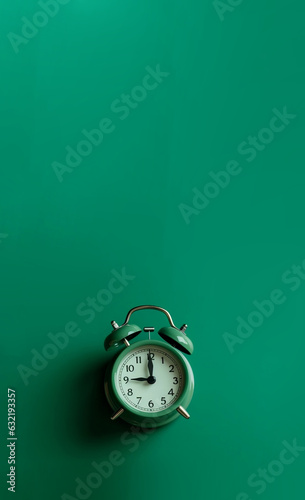 Vertical banner with retro alarm clock on green background with place for text, copy space. Minimalistic time, deadline time to work, morning time management morning routine schedule. Generative AI