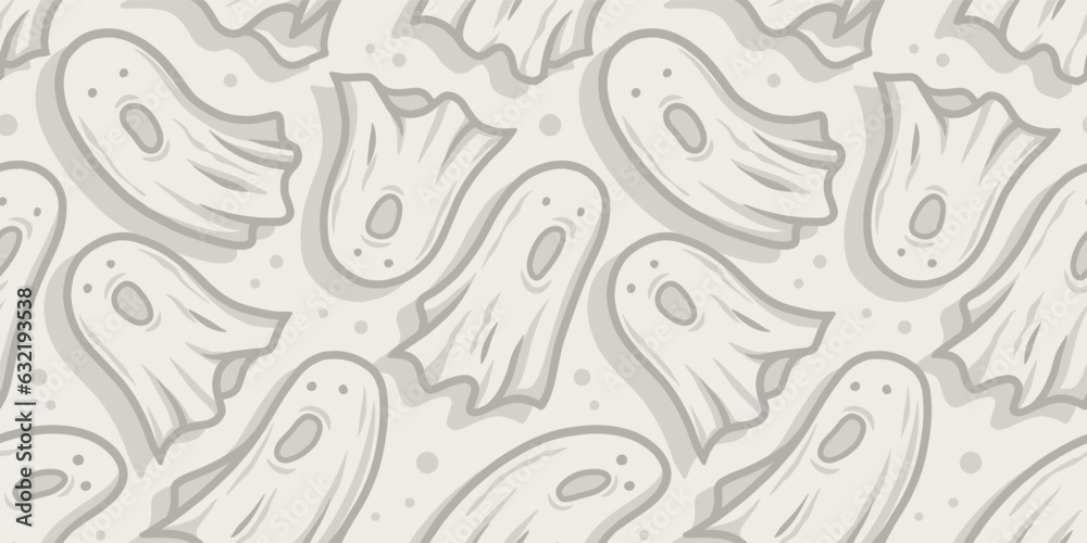Naklejka premium Halloween seamless pattern with ghost for monochrome halloween design. Wallpaper or background with spirit or soul for october party banner, poster or postcard