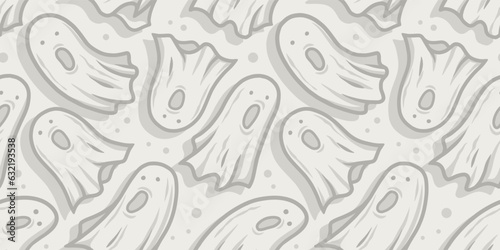Halloween seamless pattern with ghost for monochrome halloween design. Wallpaper or background with spirit or soul for october party banner, poster or postcard