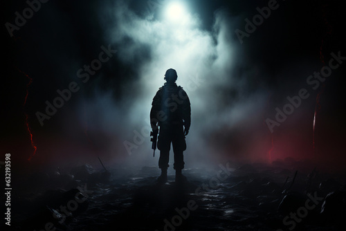 Silhouette of soldier in the night scary fog, surrounded fire and smoke, shooting with assault rifle and machine gun, attacking enemy surrounded by damaged ruins. War scene. Generative AI Technology