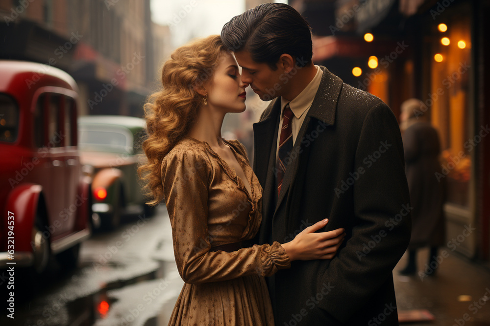 Beautiful and stylish, a couple in 1940s-style clothes shares a passionate kiss on a city street of a big city after the rain Beautiful and stylish, a couple in 1940s-style clothes shares a passionate kiss on a city street of a big city after the rain
