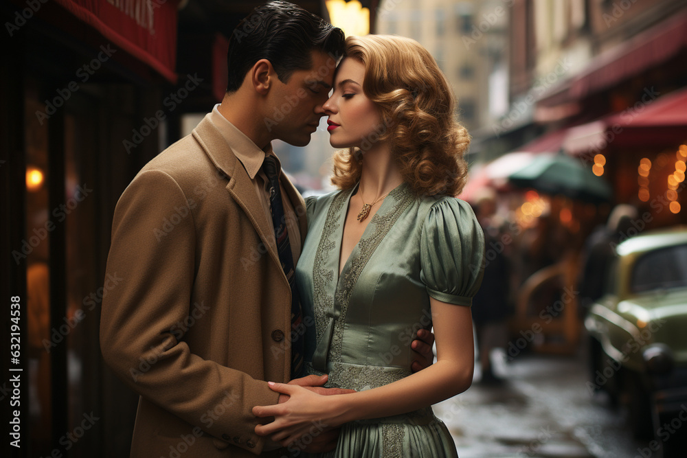 Beautiful and stylish, a couple in 1940s-style clothes shares a passionate kiss on a city street of a big city after the rain