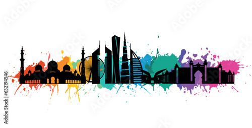 Dubai skyline - cityscape of towers and landmarks in watercolor style vector illustration.