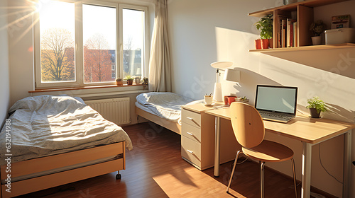 Simple and bright room for two students in a student dormitory photo