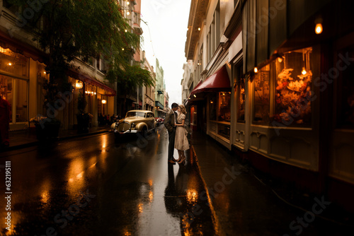 Beautiful and stylish, a couple in 1940s-style clothes shares a passionate kiss on a city street of a big city after the rain