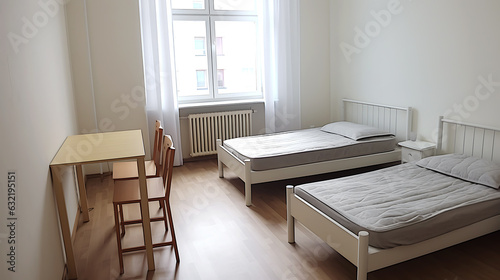 Simple and bright room for two students in a student dormitory