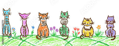 Funny tabby cat set on meadow. Border background. Crayon child`s hand drawn cute kitten on grass flower. Pastel chalk or pencil kids art stroke cats header banner. Vector artistic doodle simple pet