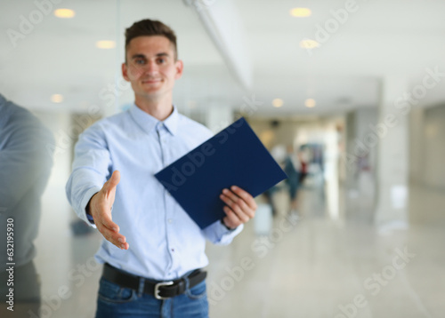 Quadro em tela Businessman offer hand to shake as hello in office closeup