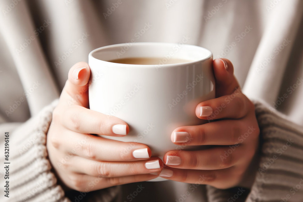 Closeup of female in a warm sweater holding in hands white mug of beverage. Generative AI. Closeup of female in a warm sweater holding in hands white mug of beverage. Generative AI.