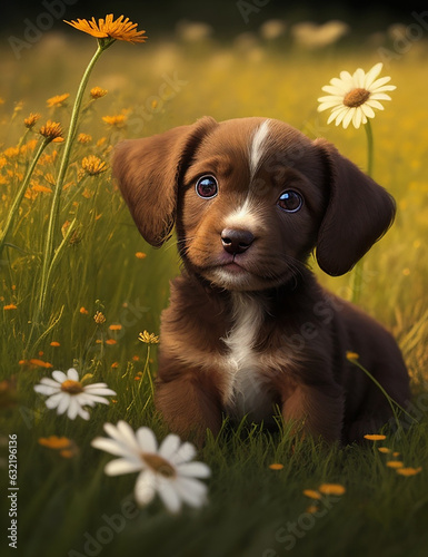 Serene puppy in wildflower field
