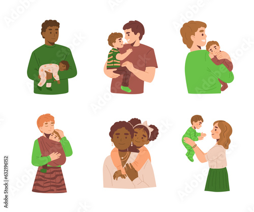 Happy parents and kids hugging, set of flat vector isolated illustrations.