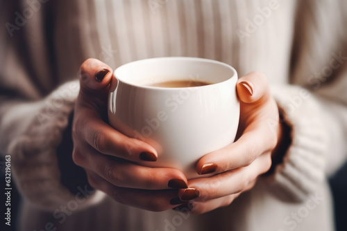 Closeup of female in a warm sweater holding in hands white mug of beverage. Generative AI.