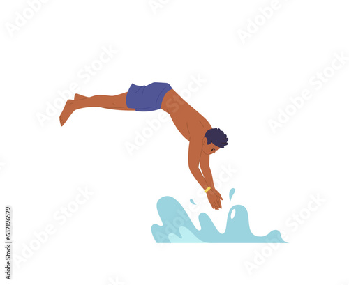 Young man cheerful tourist cartoon character jumping in sea water or swimming pool isolated on white background