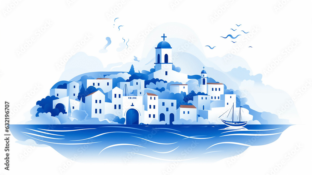 Naklejka premium Vector style blue colors greek town and church on island