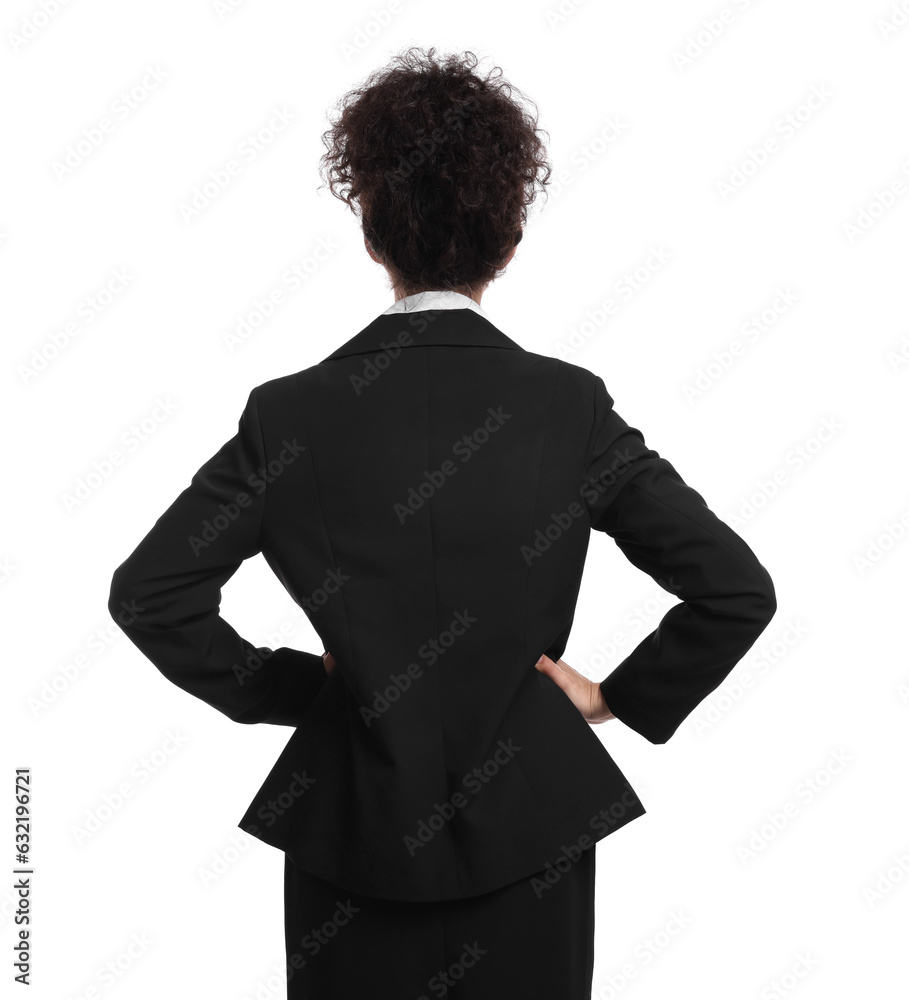 Businesswoman in suit on white background, back view Businesswoman in suit on white background, back view