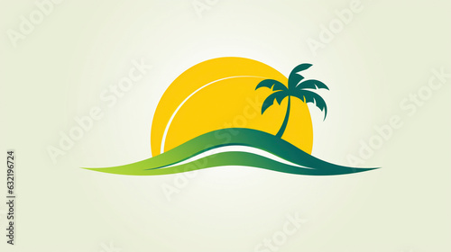 tropical palm tree and sun and ocean illustration logo vector style 