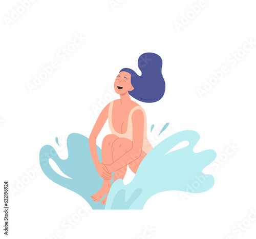 Happy laughing woman jumping to water enjoying pool party and weekends on summertime vacation