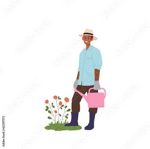 Happy smiling man gardener cartoon character watering flower bed from can isolated on white