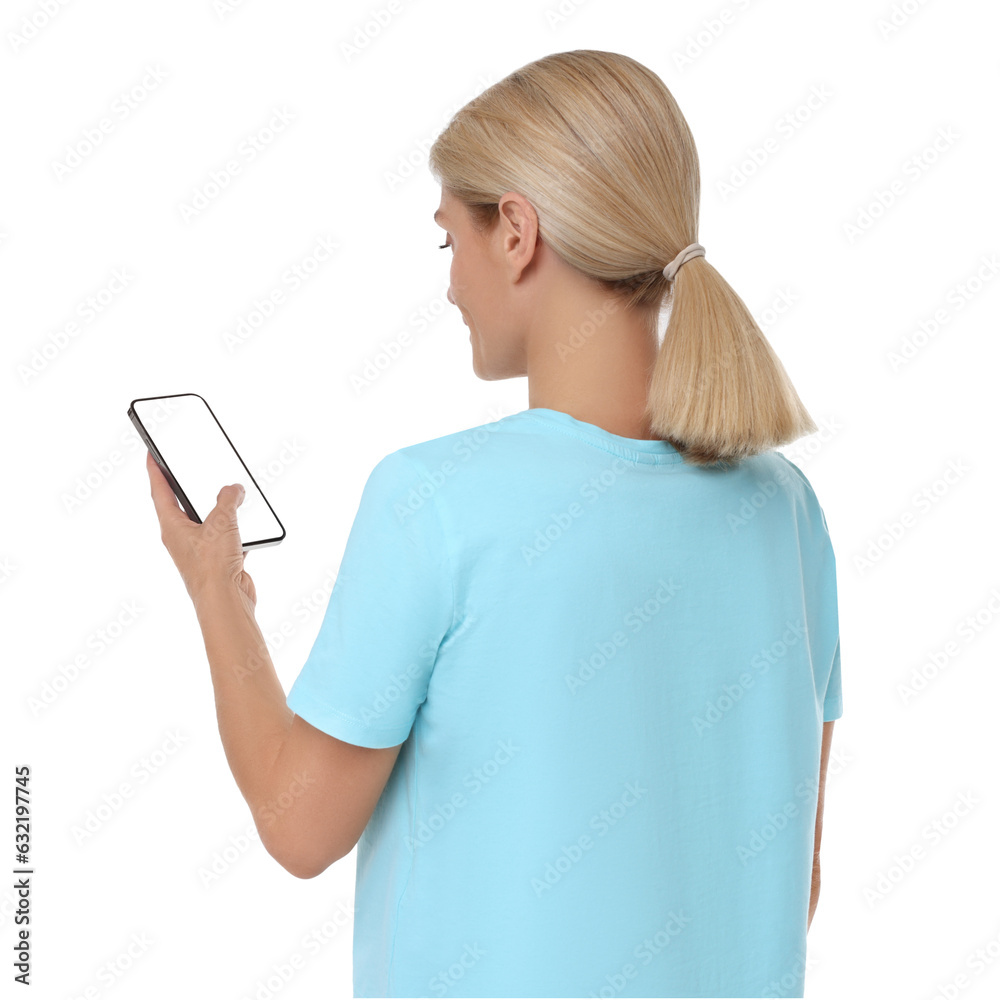 Woman using smartphone with blank screen on white background Woman using smartphone with blank screen on white background