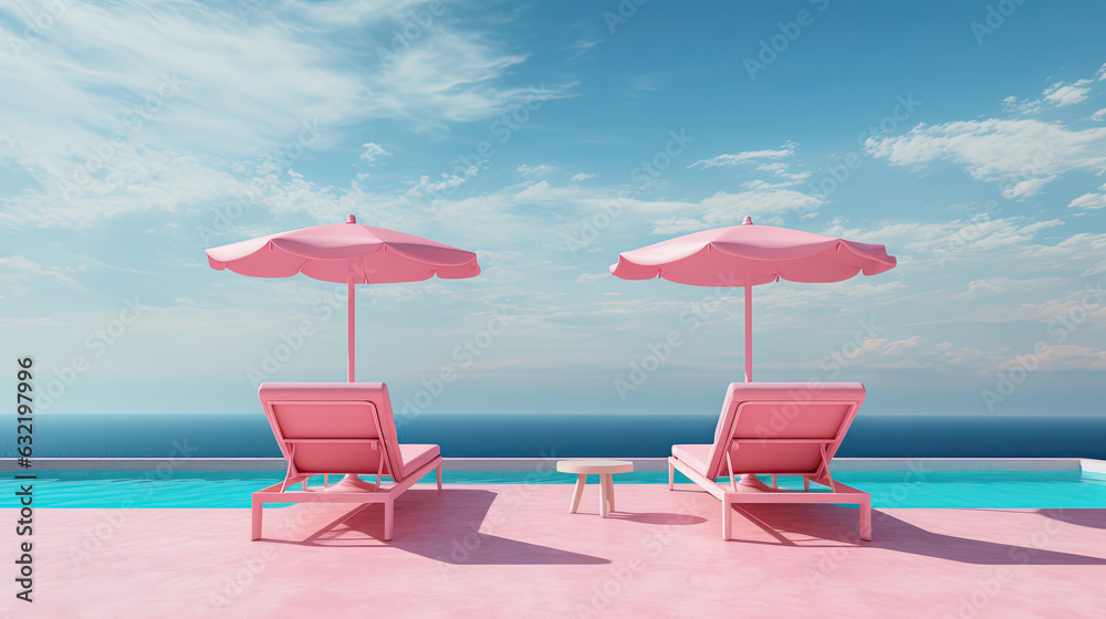 hamacas rosas al borde de una piscina con sombrillas junto al mar y cielo azul. Ilustracion de ia generativa