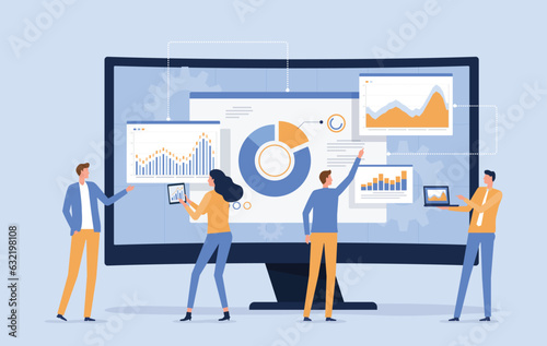 vector business data analytics research and Data Scientist team meeting concept. with business people working together on a report graph dashboard monitor. and finance investment planning concept
