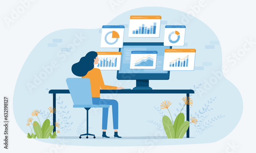 vector business data analytics research and Data Scientist team meeting concept. with business people working together on a report graph dashboard monitor. and finance investment planning concept
