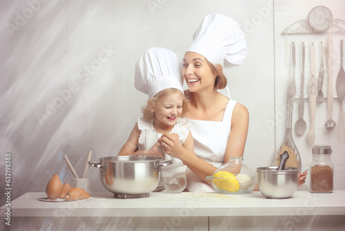 Mother and daugter cook at the kitchen. Happy family. AI generated photo