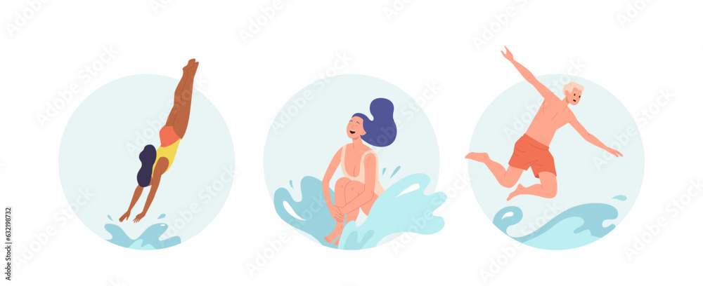 Isolated set of round icon composition with young people character jumping to sea or pool water