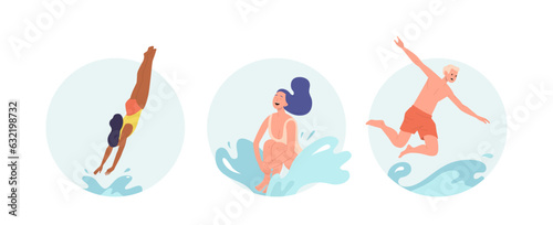 Isolated set of round icon composition with young people character jumping to sea or pool water