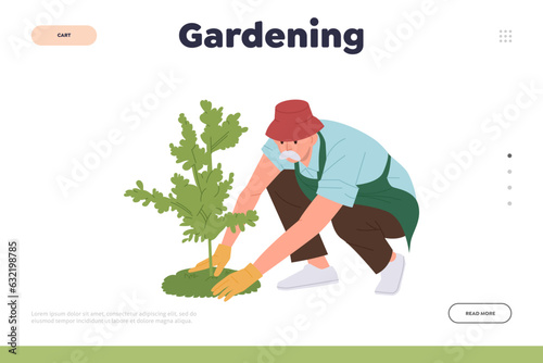 Gardening work landing page design template with senior man character planting tree in ground
