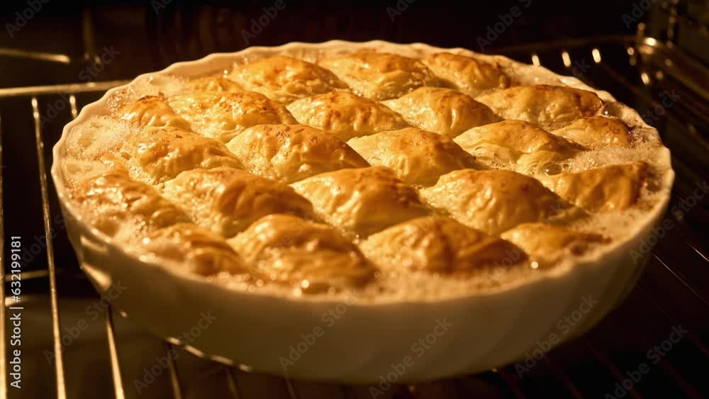 Turkish traditional baklava baking in oven. Making turkish national dessert. Delicious baklava. Process of baking. Pastries with walnut. 4K, UHD