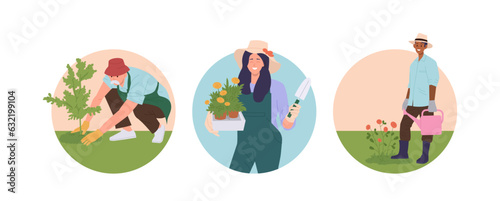 Isolated set of round composition with farmer, gardener and volunteer cultivating vegetation