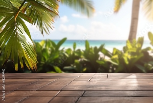 Wooden table with tropical leaves and blurred background of beach and sun light. ready for product display. generative ai