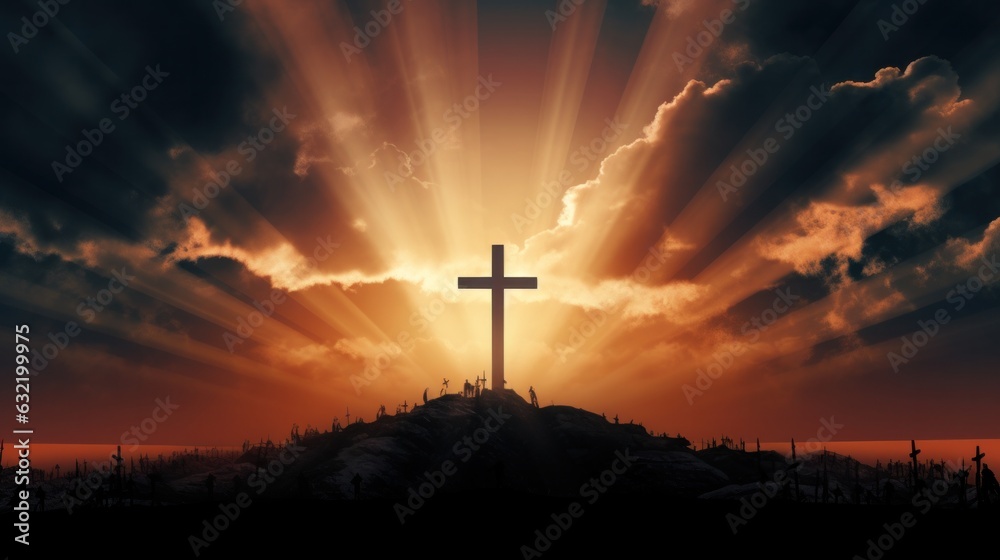silhouette of a Cross, background of crepusular rays