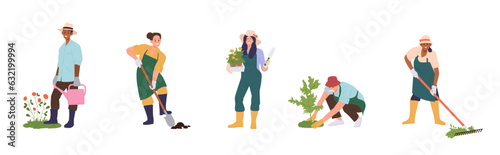 Isolated set of happy people gardening planting flower and trees seedlings, growing houseplants
