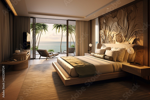 Luxury interior hotel room in the tropical countruy with sea view, generative ai photo