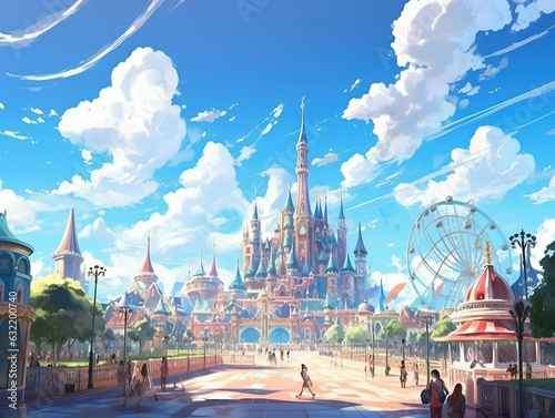 お城のあるテーマパーク遊園地アニメ背景